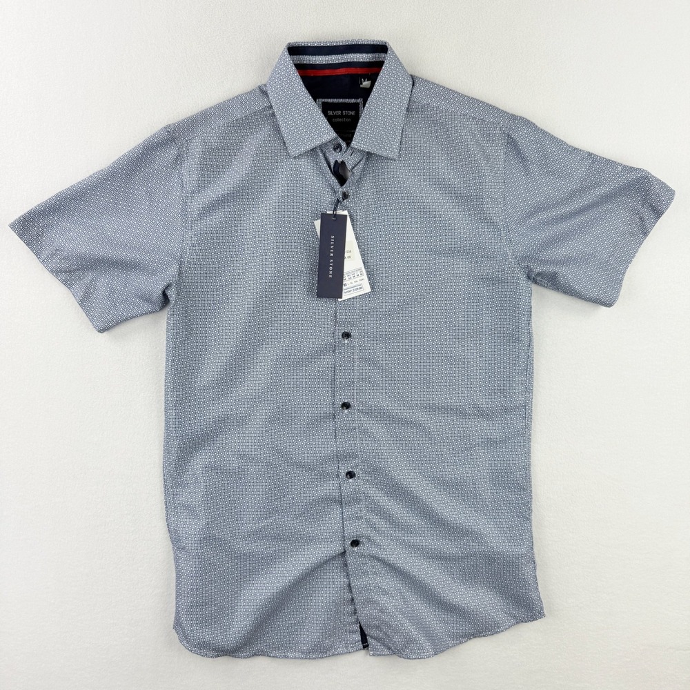 SILVER STONE Geo Collection Short Sleeve Button Shirt Size M Mens White Blue New